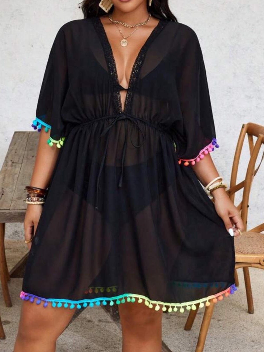 Black Sheer Swim Cover-Up Dress with Rainbow Pom Trim